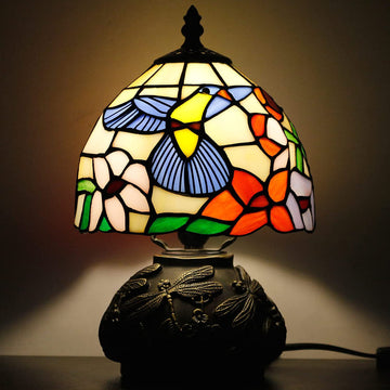 Werfactory® Small Tiffany Table Lamp Hummingbird Style Stained Glass Mushroom Lamp